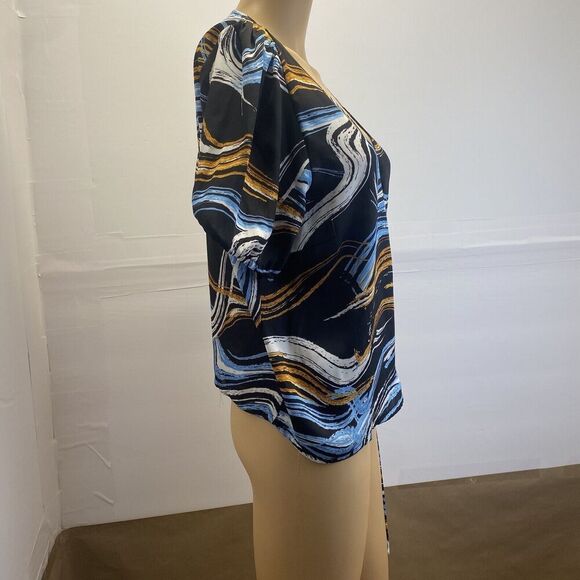 Nine West Blouse Wrap Top Silky Shirt Womens Size Large Short Sleeve Tie Waist - Picture 12 of 15